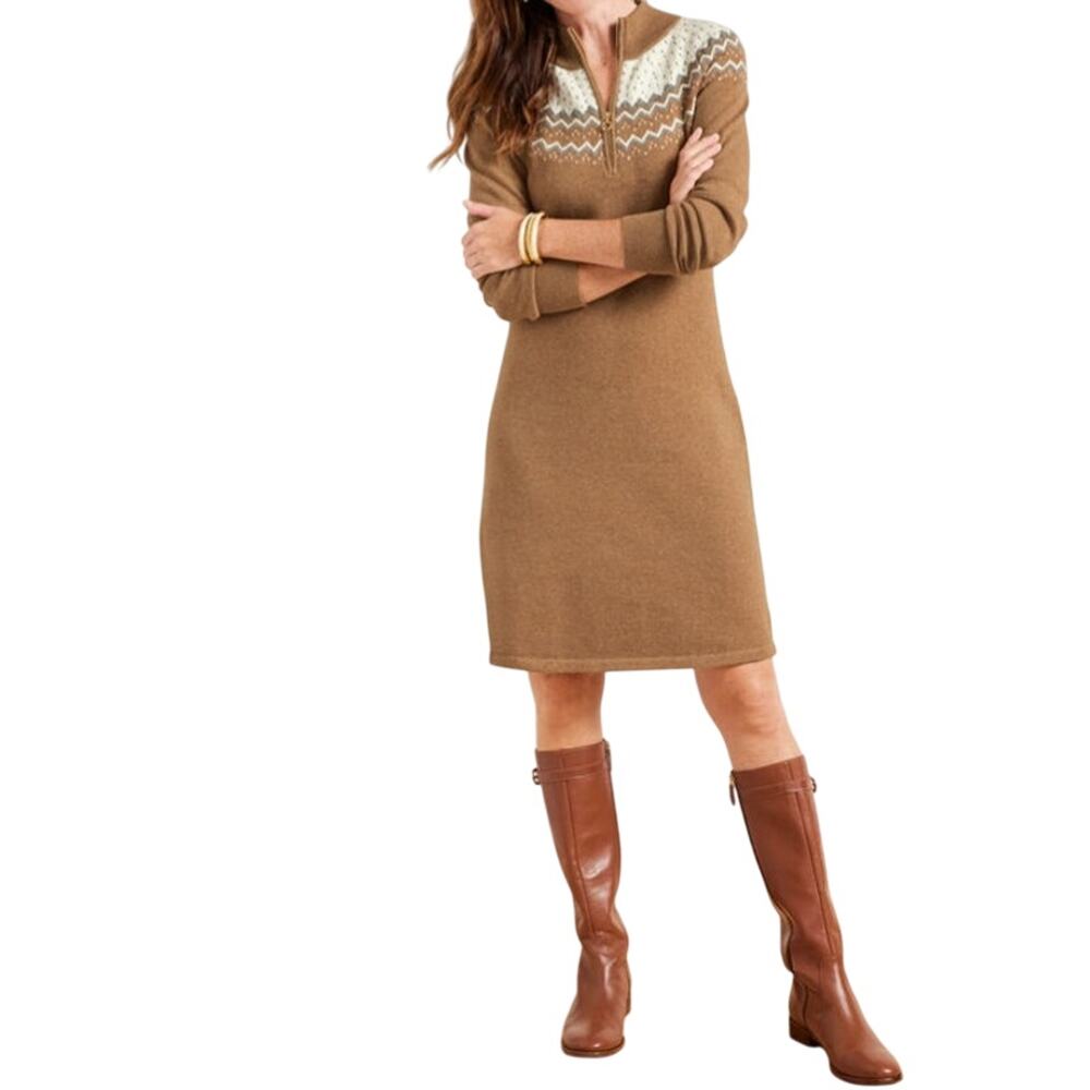 TALBOTS Brown Pine Fair Isle Print Knit 1/4 Zip Sweater Dress Women's Size XL